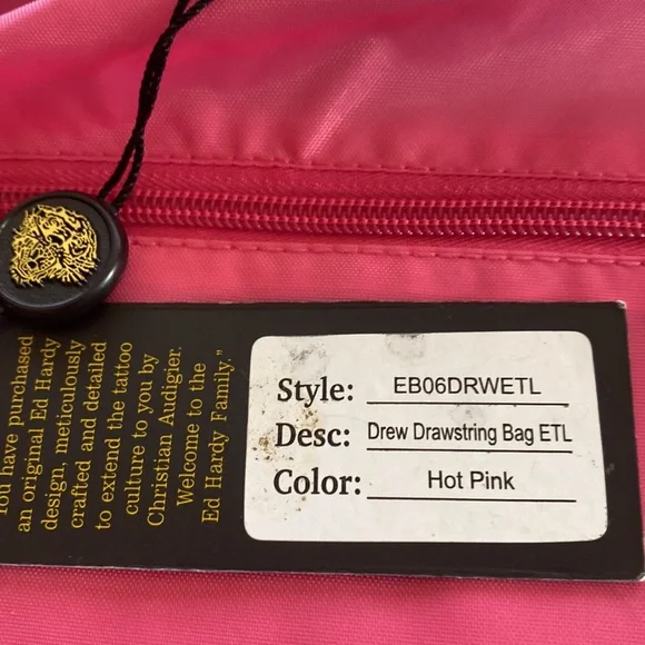 Ed Hardy Hot Pink Drew Drawstring Backpack Bag NWT - Picture 7 of 7